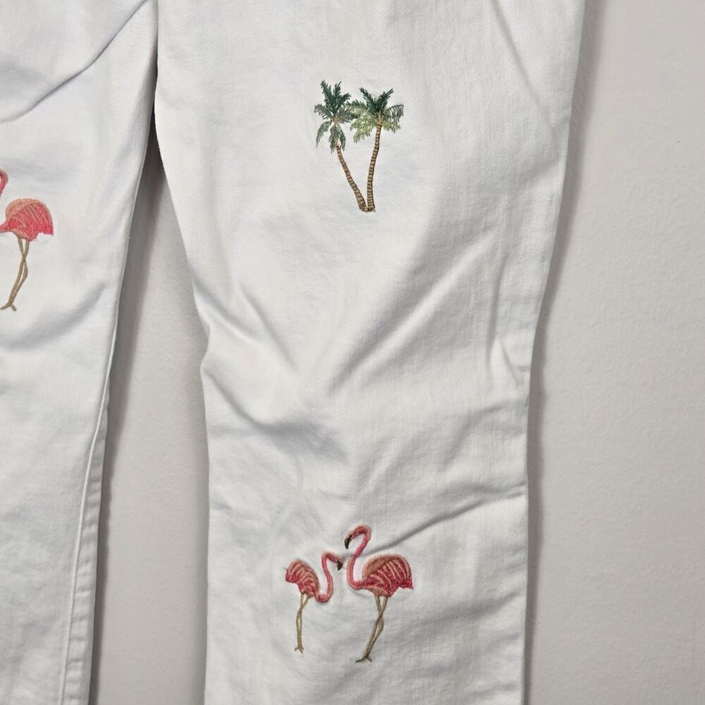 Standard Grace Jeans White Embroidered Flamingos Palm Trees Distressed Sz 12 - Picture 6 of 10